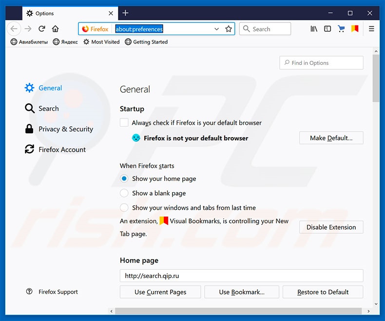 Suppression de la page d'accueil de qip.ru dans Mozilla Firefox 