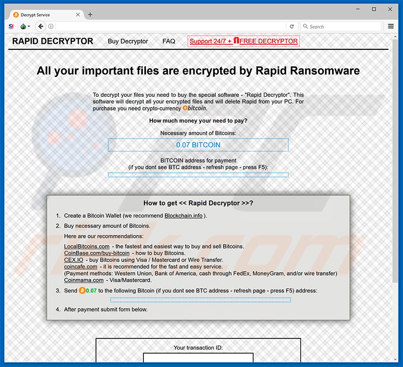 Site web du rançongiciel RAPID V3 (exemple 1)