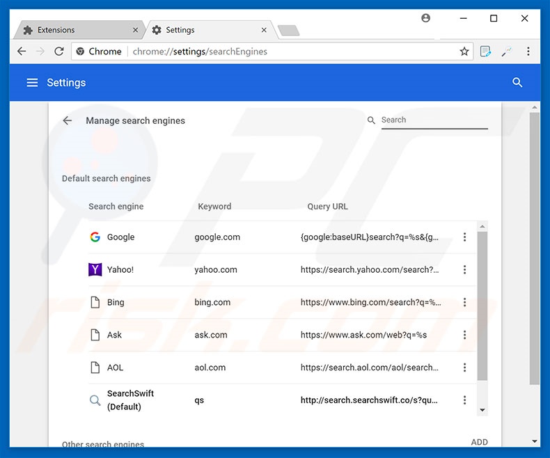 Suppression du moteur de recherche par défaut de search.searchswift.co dans Google Chrome 