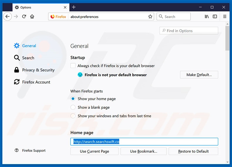 Suppression de la page d'accueil de search.searchswift.co dans Mozilla Firefox 
