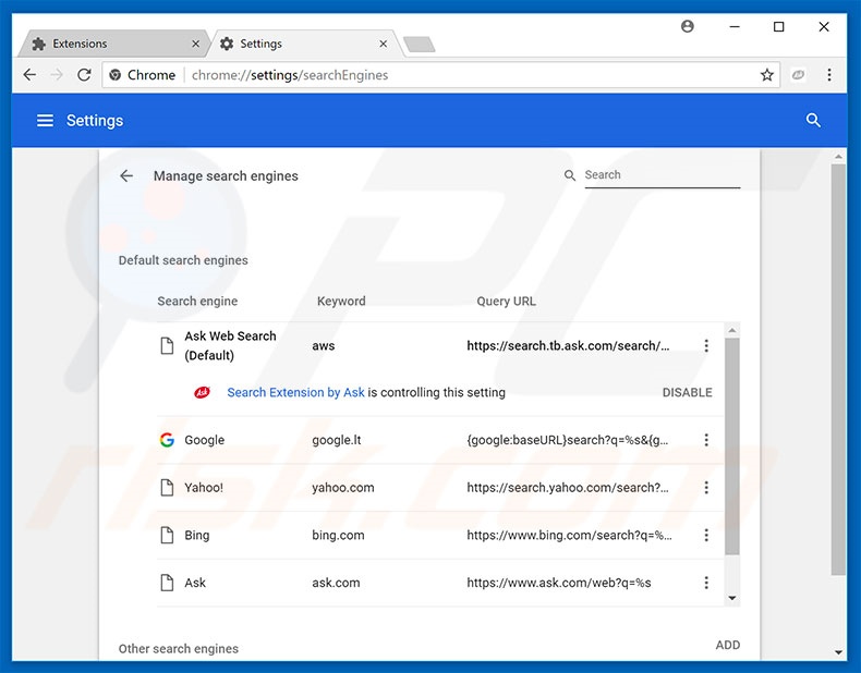 Suppression du moteur de recherche par défaut de search.tb.ask.com dans Google Chrome 