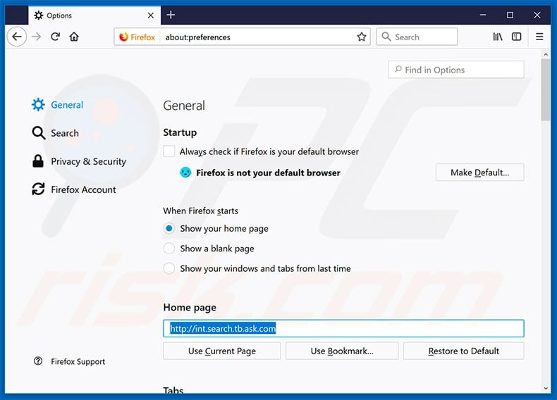 Suppression de la page d'accueil de search.tb.ask.com dans Mozilla Firefox 