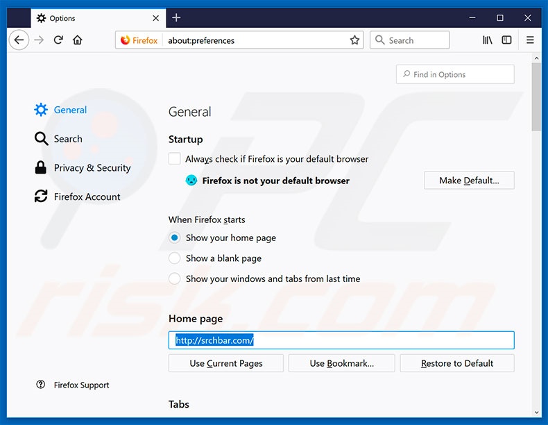 Removing srchbar.com from Mozilla Firefox homepage