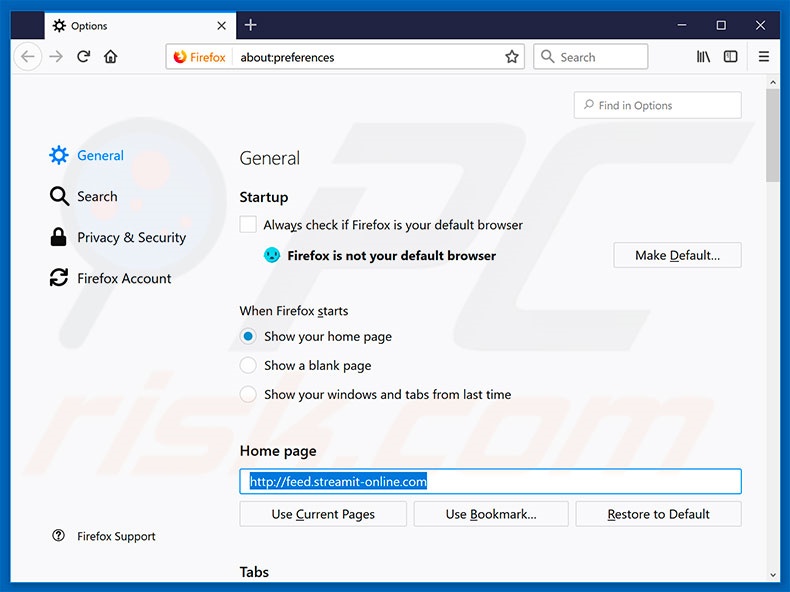 Suppression de la page d'accueil de feed.streamit-online.com dans Mozilla Firefox 
