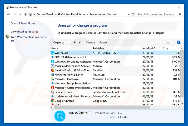 Désinstallation du logiciel de publicité WhiteClick via le Panneau de Configuration