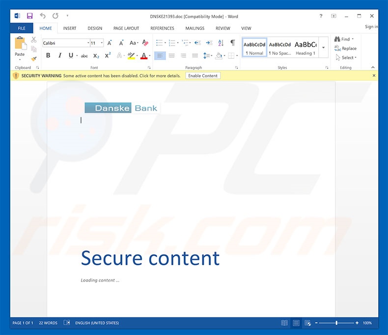Pièce-jointe malicieuse distribuée via la campagne de pourriels Danske Bank Email Virus 