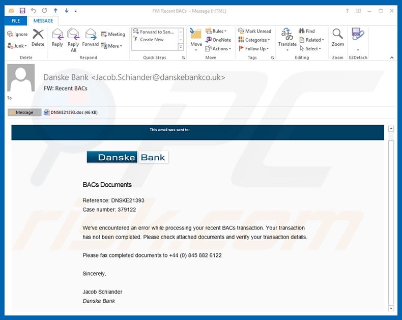 Logiciel malveillant Virus Danske Bank Email 