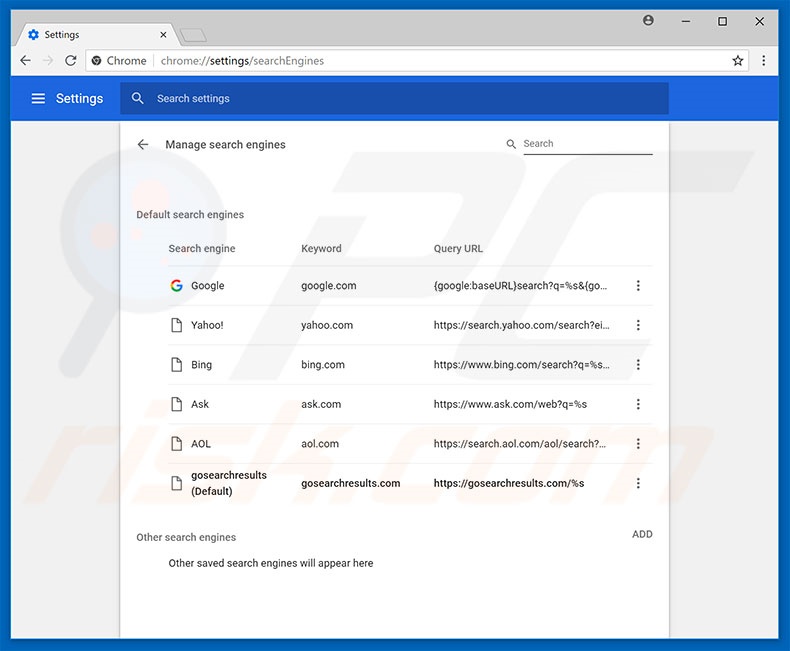 Removing gosearchresults.com from Google Chrome default search engine