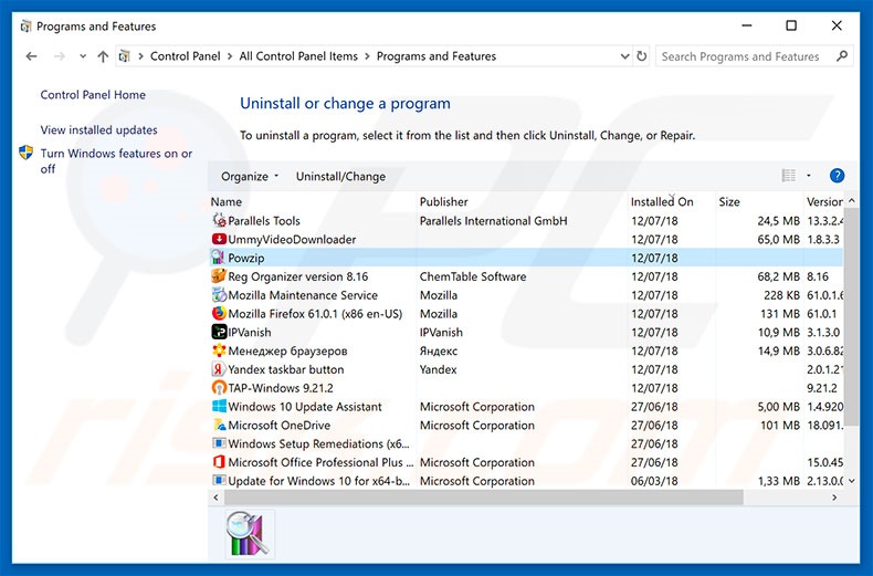 Désinstallation du logiciel de publicité Powzip via le Panneau de Configuration