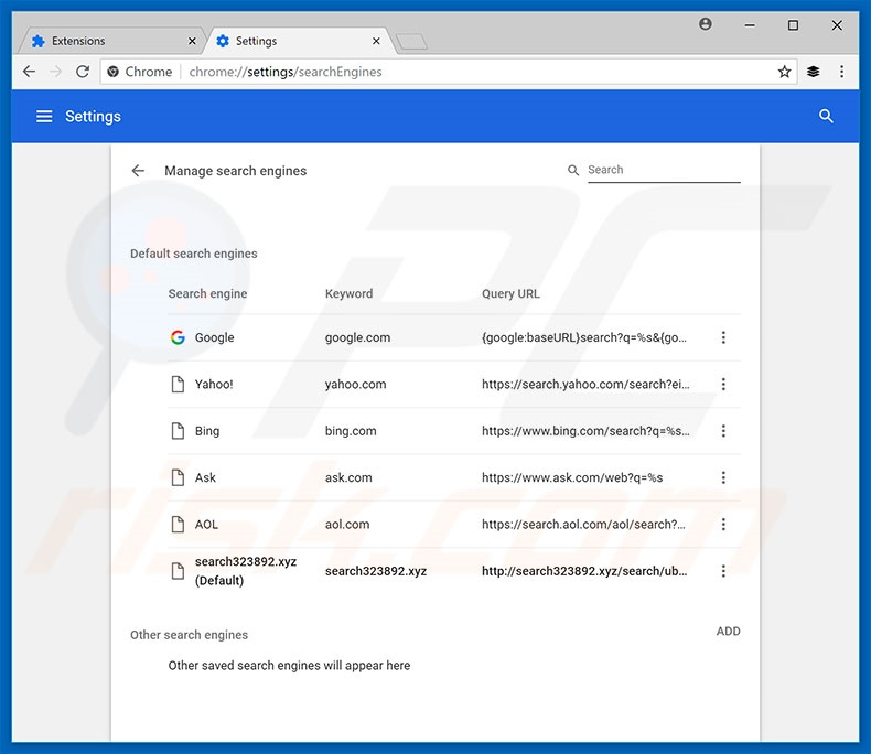 Suppression du moteur de recherche par défaut de search323892.xyz dans Google Chrome 