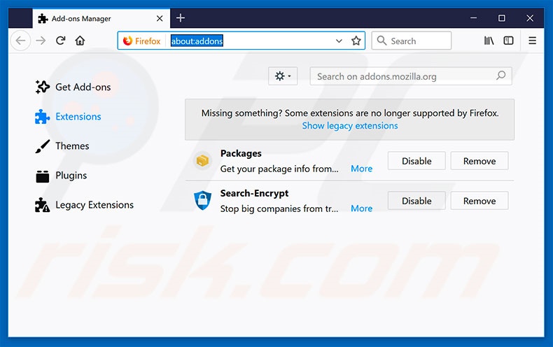 Suppression des extensions reliées à search323892.xyz dans Mozilla Firefox 