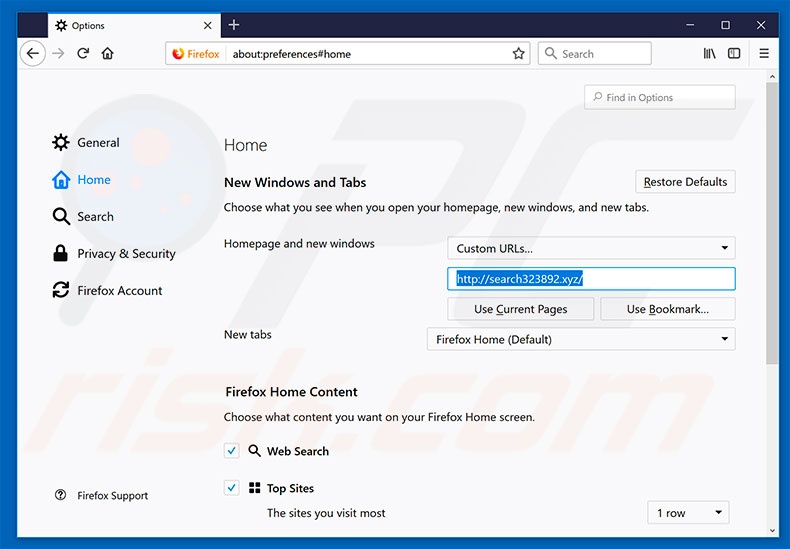 Suppression de la page d'accueil de search323892.xyz dans Mozilla Firefox 