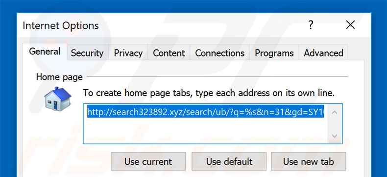 Suppression de la page d'accueil de search323892.xyz dans Internet Explorer 