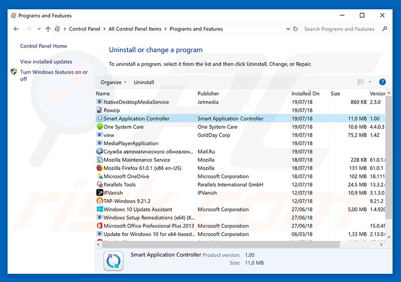 Désinstallation du logiciel de publicité Smart Application Controller via le Panneau de Configuration