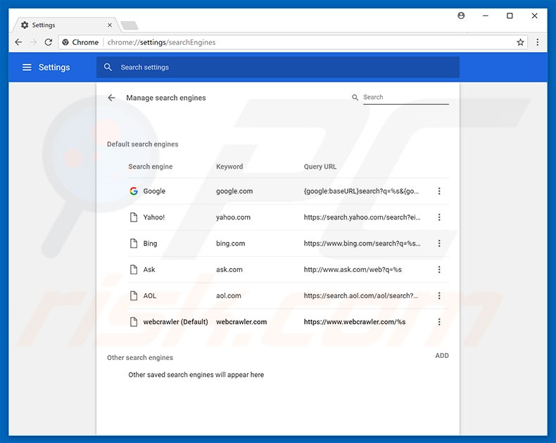 Suppression du moteur de recherche par défaut de webcrawler.com dans Google Chrome 