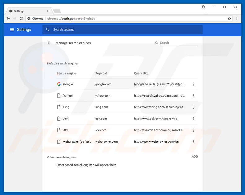 Suppression du moteur de recherche par défaut de webcrawler.com dans Google Chrome 