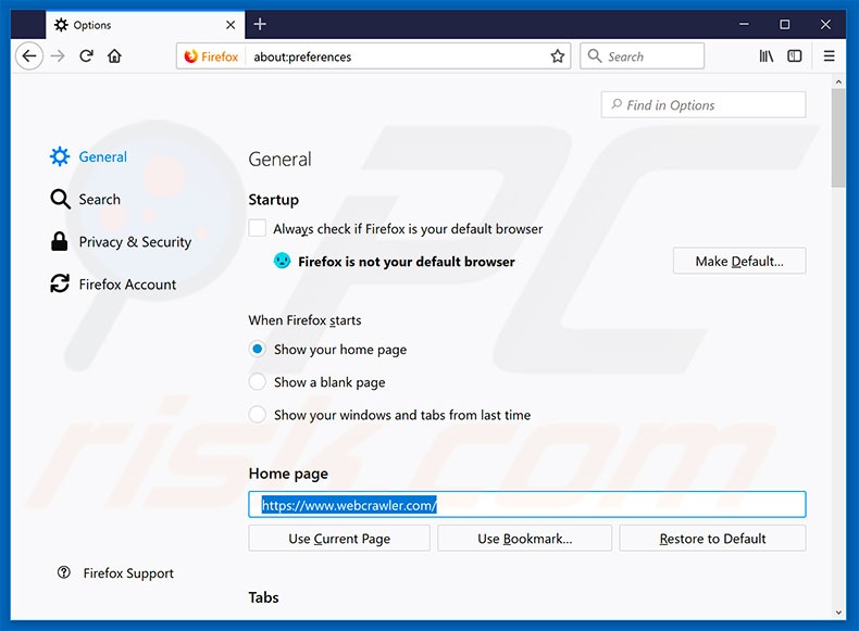 Suppression de la page d'accueil de webcrawler.com dans Mozilla Firefox 