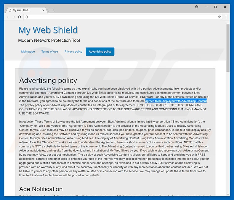 Politique publicitaire My Web Shield 