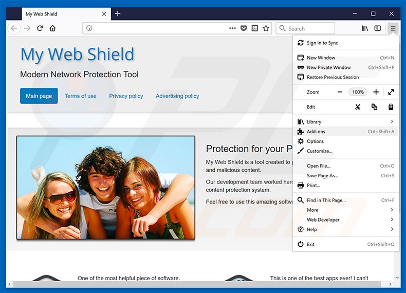 Suppression des publicités My Web Shield dans Mozilla Firefox étape 1