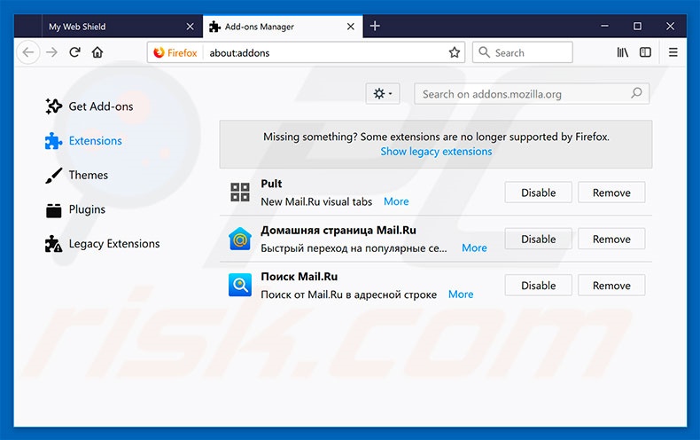 Suppression des publicités My Web Shield dans Mozilla Firefox étape 2