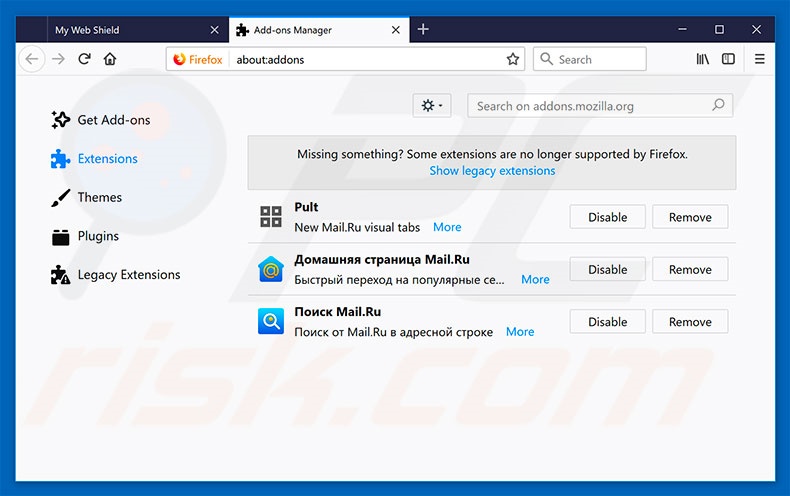 Suppression des publicités My Web Shield dans Mozilla Firefox étape 2