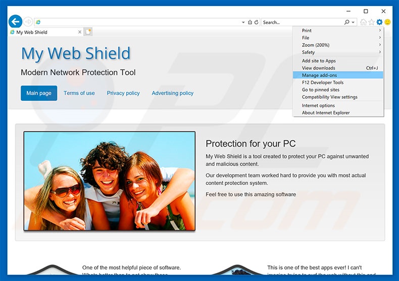 Suppression des publicités My Web Shield dans Internet Explorer étape 1