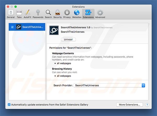 SearchTheUniverses browser hijacker Safari addon