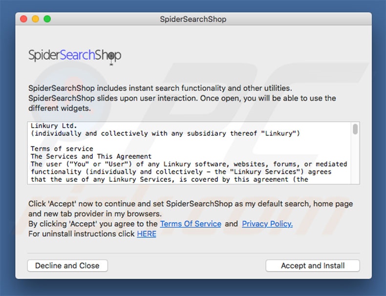 Installateur décevant utilisé pour publiciser spidersearchshop.com
