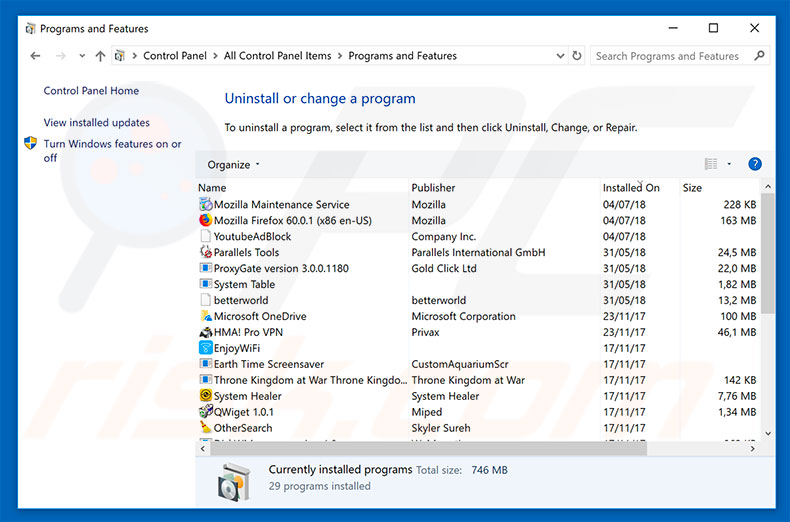 Désinstallation du logiciel de publicité Windows Operating System Alert via le Panneau de Configuration