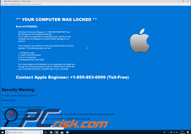 Apparence de l'arnaque de Contact Apple Engineer (Error #DT00X02) (GIF)