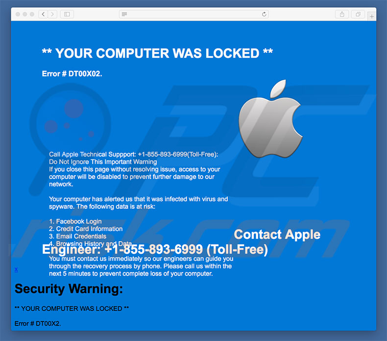 Arnaque Contact Apple Engineer (Error #DT00X02) 