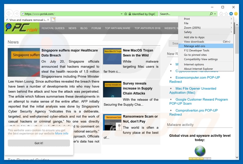 Suppression des publicités dailynews.support dans Internet Explorer étape 1