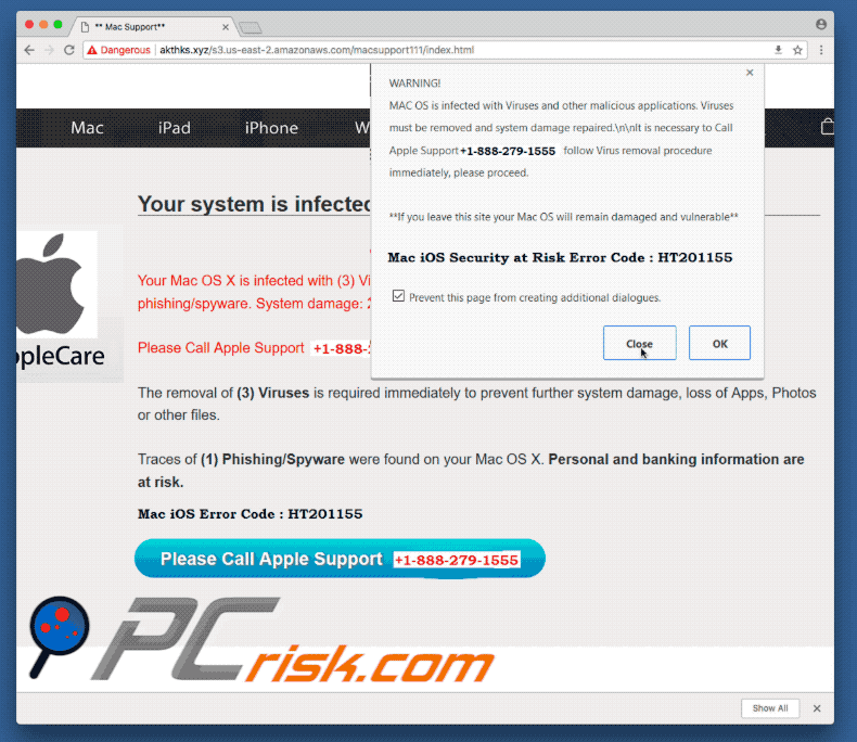 Appearance of Mac iOS Security At Risk Error Code: HT201155 scam (GIF)