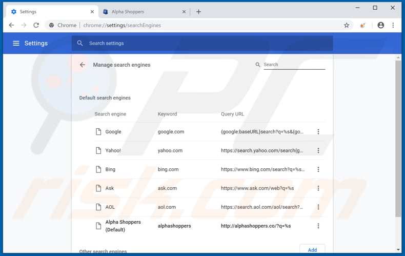 Suppression du moteur de recherche par défaut d'alphashoppers.co dans Google Chrome 