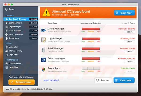 Apparrance de l'arnaque Mac Cleanup Pro 