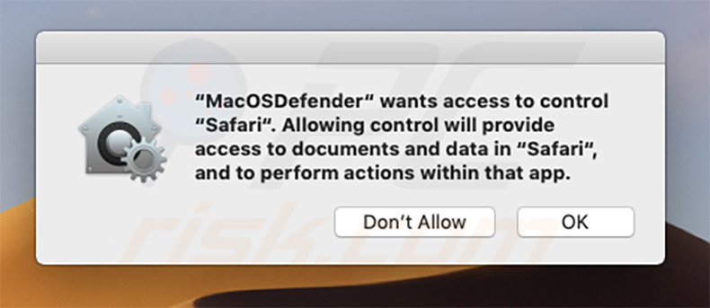 MacOSDefender affichant le pop-up