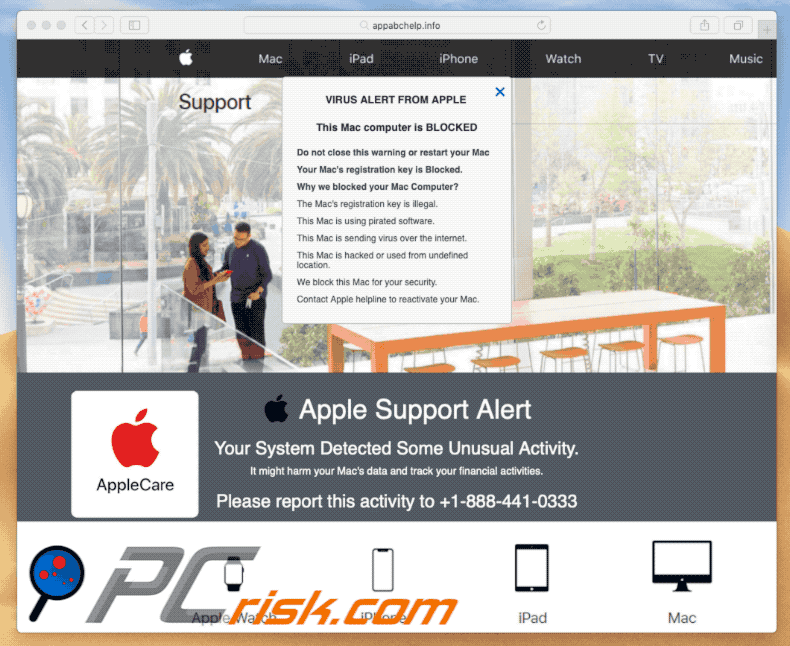 Appars de l'arnaque d'Apple Support Alert pop-up (exemple 2)