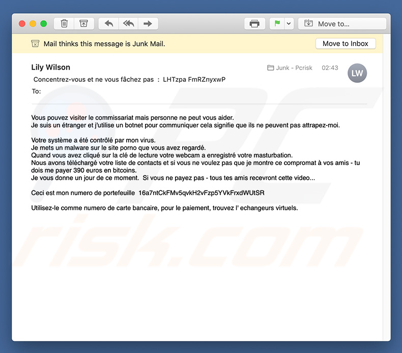 Votre Système A été Contrôlé Par Mon Virus Email Scam malware