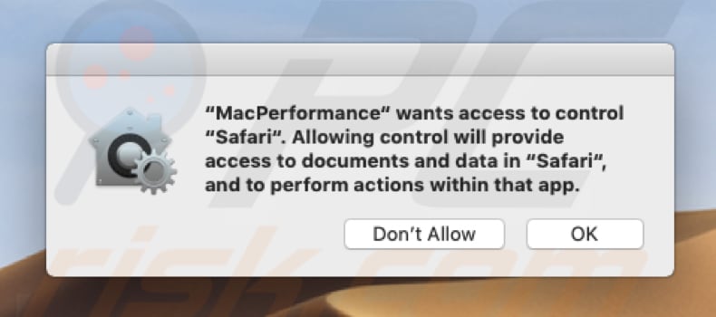 Pop-up de MacPerformance demandant l'accès pour contrôler Safari