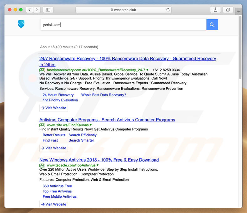 Pirate de navigateur nvsearch.club  sur un ordinateur Mac