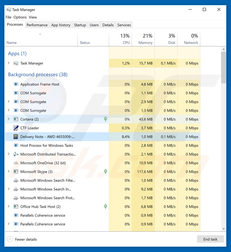 Processus TNT Email Virus Delivery Note dans le Gestionnaire des tâches