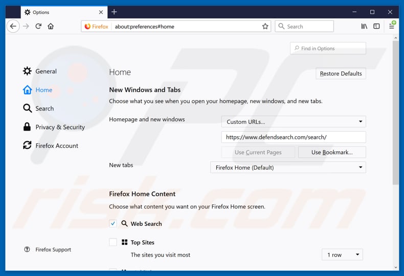 Suppression de la page d'accueil de defendsearch.com dans Mozilla Firefox 