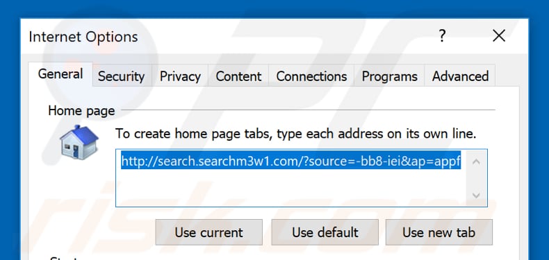 Removing search.searchm3w1.com from Internet Explorer homepage