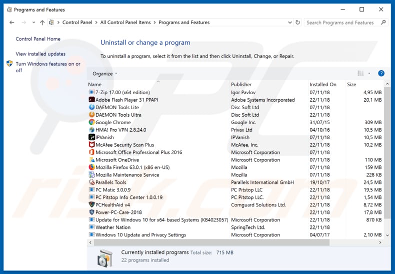 PUAs uninstall via Control Panel