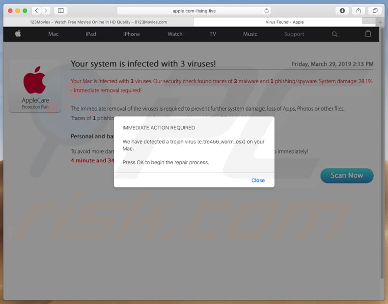 0123movies opens website displaying fake virus alert