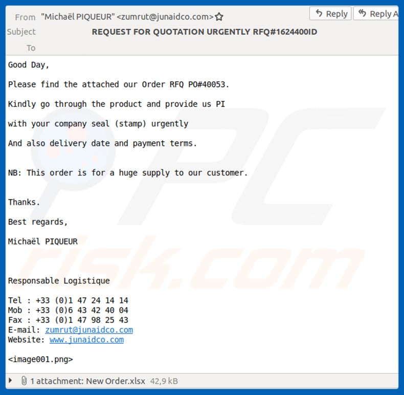 Email spam campaign promoting Agent Tesla RAT