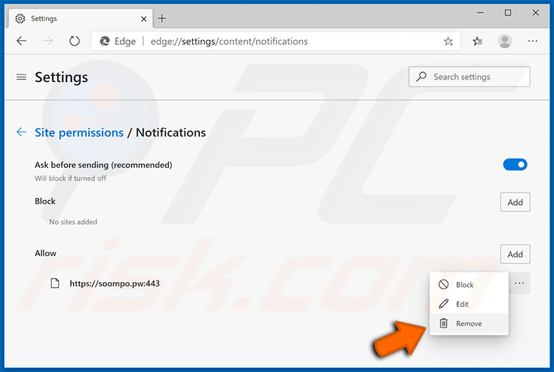Disable pop-up notifications in Microsoft Edge web browser