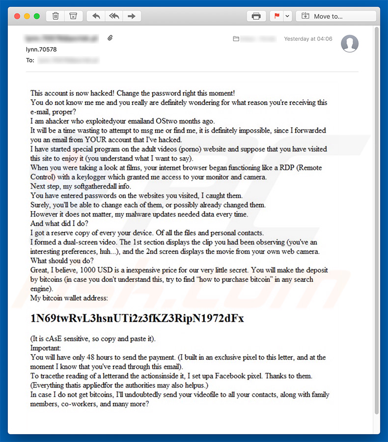 Votre compte a été piraté Campagne de spam par e-mail (exemple 3)