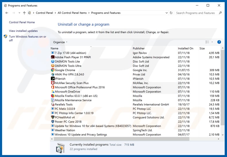 Kissmanga adware uninstall via Control Panel