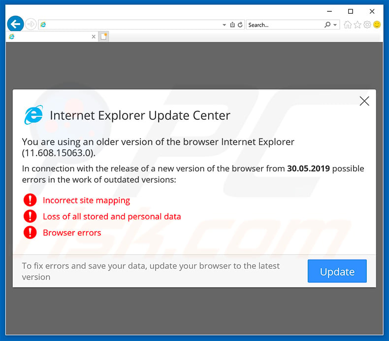 Website encouraging visitor to update Internet Explorer web browser